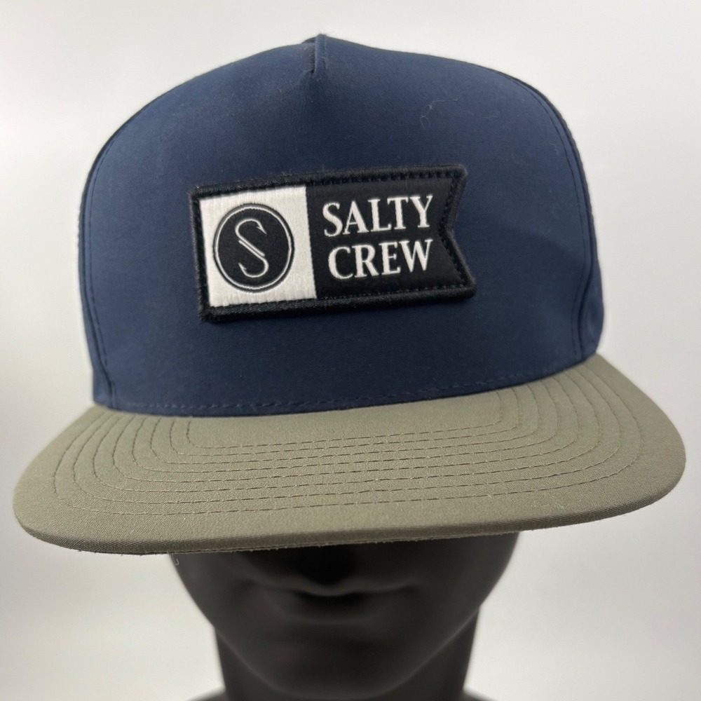 Salty Crew Mens Navy Blue Olive Green Snapback Hat Flat Brim Logo Patch Cap